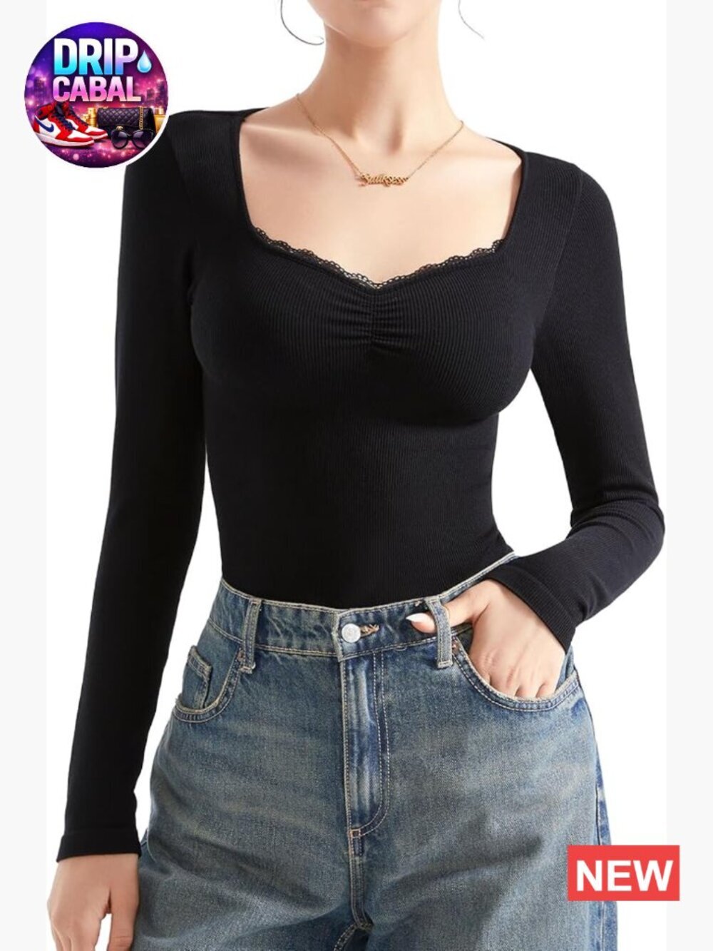 Sweetheart V Neck Long Sleeve Lace Trim Ribbed Modal Top